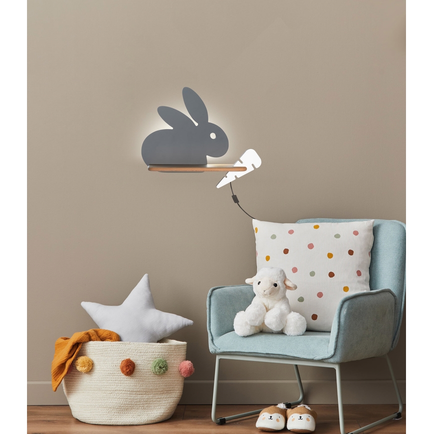 LED Detské nástenné svietidlo s poličkou RABBIT LED/4W/230V šedá/biela/dřevo, 
