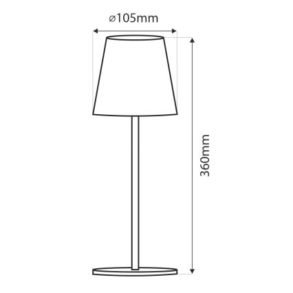 Stolová lampa s kuželovým tienidlom a vysokou nohou stojí na kruhovej základni. Rozmery: priemer tienidla 105 mm, výška lampy 360 mm.