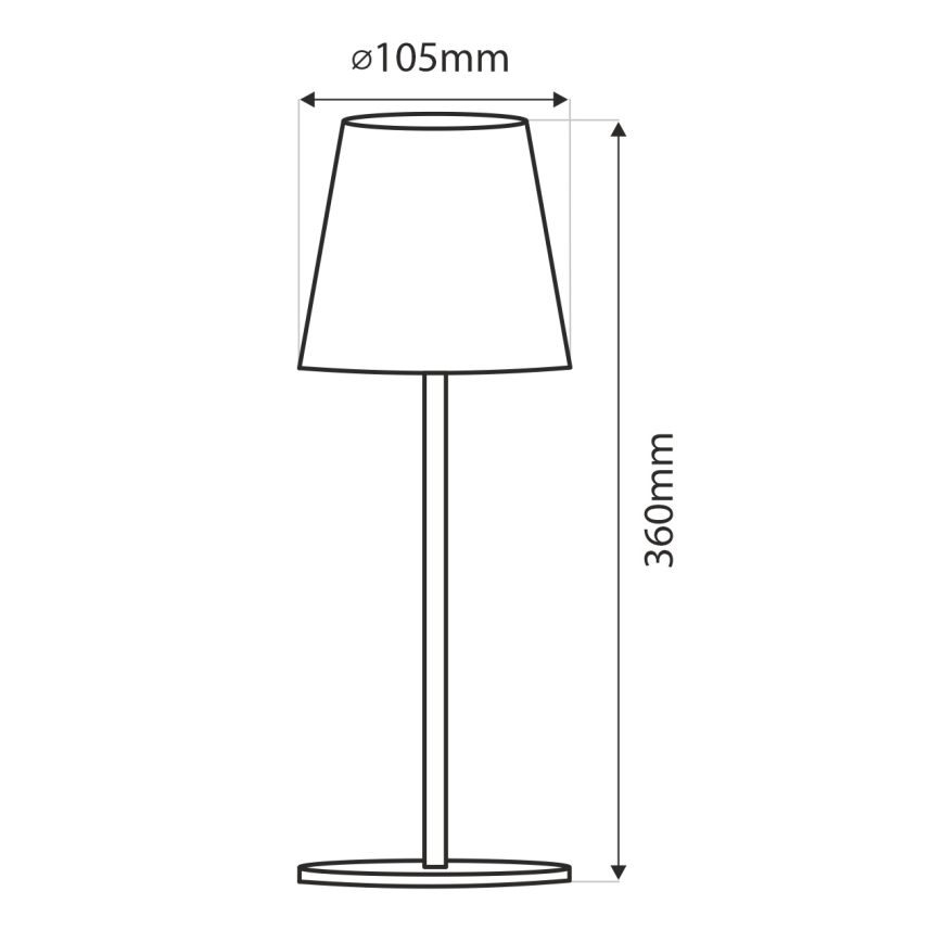 Stolová lampa s kuželovým tienidlom a vysokou nohou stojí na kruhovej základni. Rozmery: priemer tienidla 105 mm, výška lampy 360 mm.