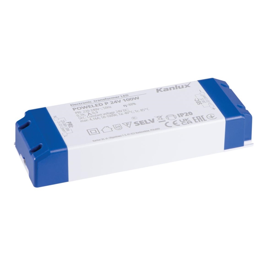 Elektronický LED transformátor POWELED P 24V 100W leží na bielom pozadí. Jeho vstupné napätie je 220-240V~, výstupné 24V DC s výkonom 50-100W. Výrobca je Kanlux.