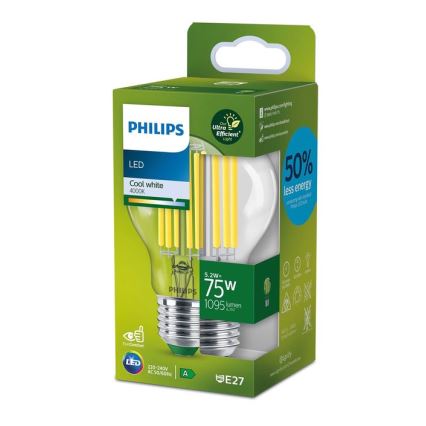 LED žiarovka Philips je zabalená v kartónovej krabici. Žiarovka má chladné biele svetlo (4000K), spotrebuje 5,2W a poskytuje 1095 lúmenov. Krabica uvádza úsporu 50% energie.