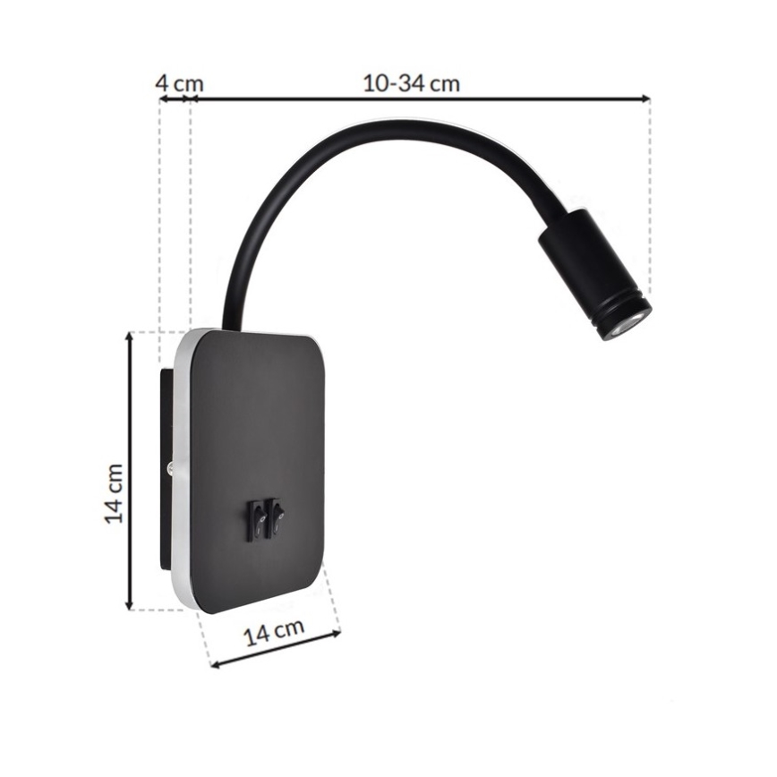 LED Flexibilná nástenná lampička BASE 1xLED/8W+1xLED/2W/230V čierna/strieborná