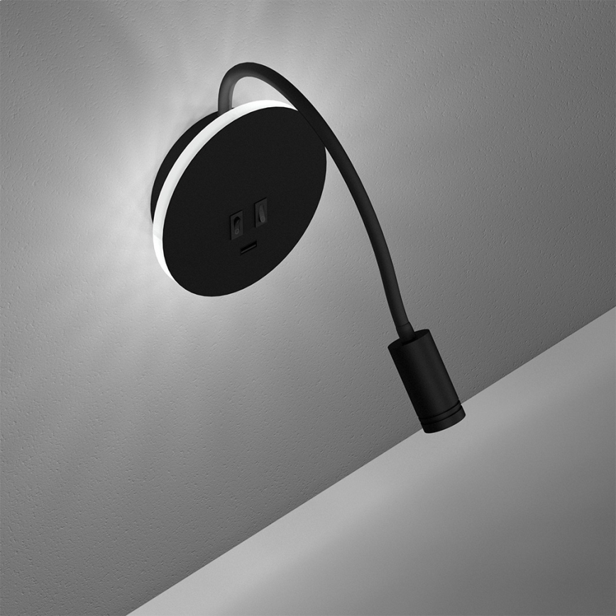 LED Flexibilná nástenná lampička BASE 1xLED/8W+1xLED/2W/230V čierna/strieborná