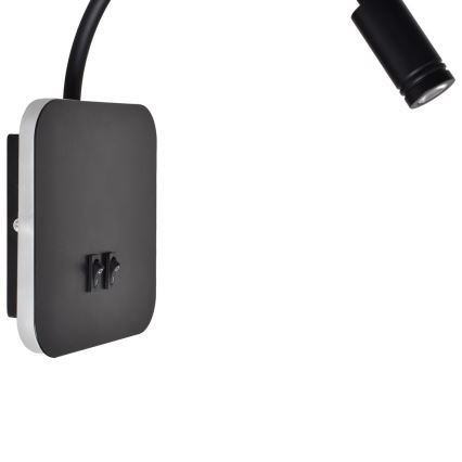 Čierna nástenná lampa s nastaviteľným ramenom (10-34 cm) a štvorcovou základňou (14 x 14 cm) je pripevnená na stenu. Výška základne je 14 cm.