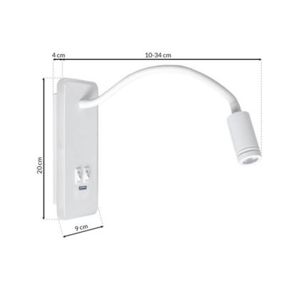 LED Flexibilná nástenná lampička s USB BASE 1xLED/8W+1xLED/2W/230V biela