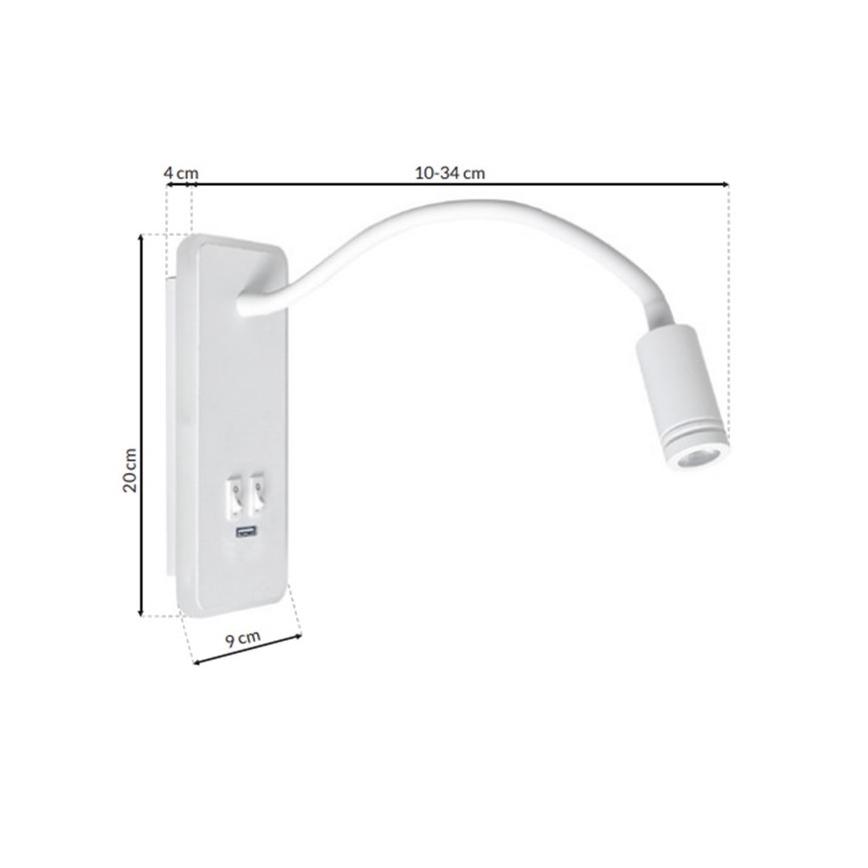 LED Flexibilná nástenná lampička s USB BASE 1xLED/8W+1xLED/2W/230V biela