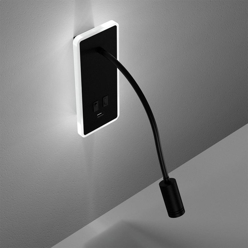 LED Flexibilná nástenná lampička s USB BASE 1xLED/8W+1xLED/2W/230V čierna