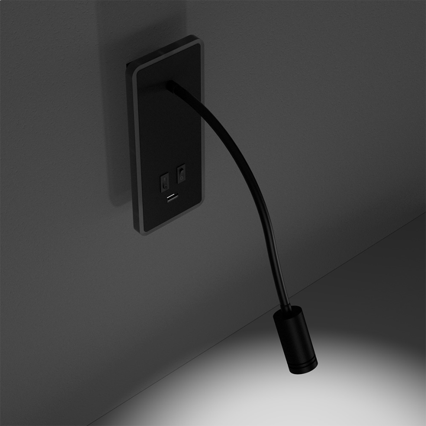 LED Flexibilná nástenná lampička s USB BASE 1xLED/8W+1xLED/2W/230V čierna