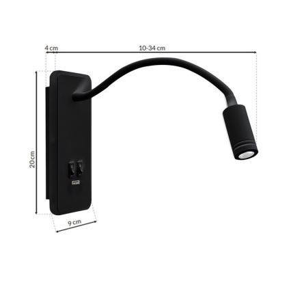 LED Flexibilná nástenná lampička s USB BASE 1xLED/8W+1xLED/2W/230V čierna