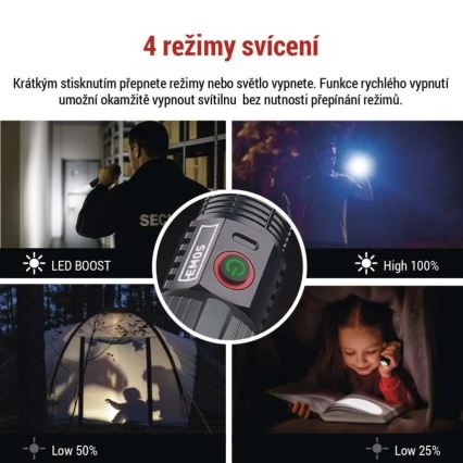 Svietidlo s 4 režimami svietenia: LED BOOST, Low 50%, High 100%, Low 25%. Krátkym stlačením sa prepínajú režimy alebo sa svietidlo vypne. Funkcia rýchleho vypnutia umožňuje okamžité vypnutie bez prepínania režimov. Na obrázku sú zobrazené príklady použitia v rôznych situáciách.