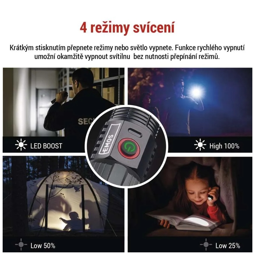Svietidlo s 4 režimami svietenia: LED BOOST, Low 50%, High 100%, Low 25%. Krátkym stlačením sa prepínajú režimy alebo sa svietidlo vypne. Funkcia rýchleho vypnutia umožňuje okamžité vypnutie bez prepínania režimov. Na obrázku sú zobrazené príklady použitia v rôznych situáciách.