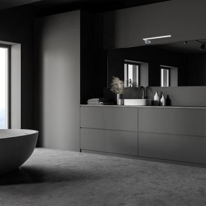 V tmavošedej kúpeľni sa nachádza voľne stojaca oválna vaňa. Šedá skrinka so zabudovaným umývadlom, zrkadlom a osvetlením je umiestnená pri stene. Na umývadle sú kozmetické doplnky.