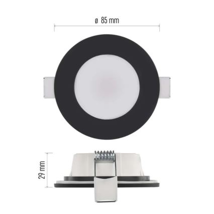 Svietidlo s priemerom 85 mm a hĺbkou 29 mm je zobrazené zhora a zboku. Má čierny rám a biely difúzor. Je vybavené kovovými držiakmi na montáž.