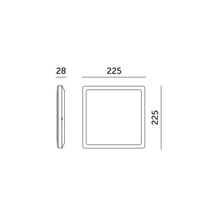 Nástenne svietidlo štvorcového tvaru s rozmermi 225x225 mm a hĺbkou 28 mm. Je zobrazené v čelnom a bočnom pohľade s rozmerovými údajmi.