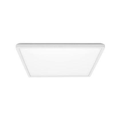 Štvorcový LED panel svietidlo je umiestnené na strope. Svietidlo je bielej farby s bielym difúzorom. Biely rámik obklopuje plochý svetelný panel.