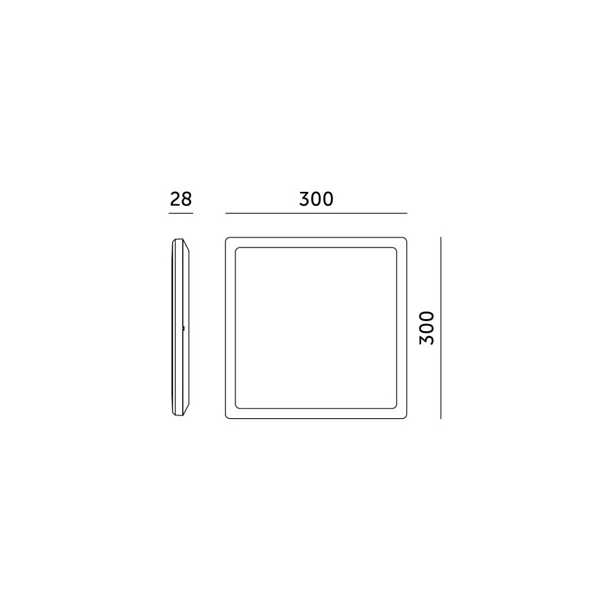 Technický výkres štvorcového svietidla s rozmermi 300 x 300 x 28 mm. Svietidlo je znázornené spredu a zboku.
