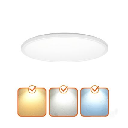 Okrúhle stropné LED svietidlo svieti. Pod ním sú tri štvorce znázorňujúce tri rôzne farebné teploty svetla: teplá biela, neutrálna biela a chladná biela.
