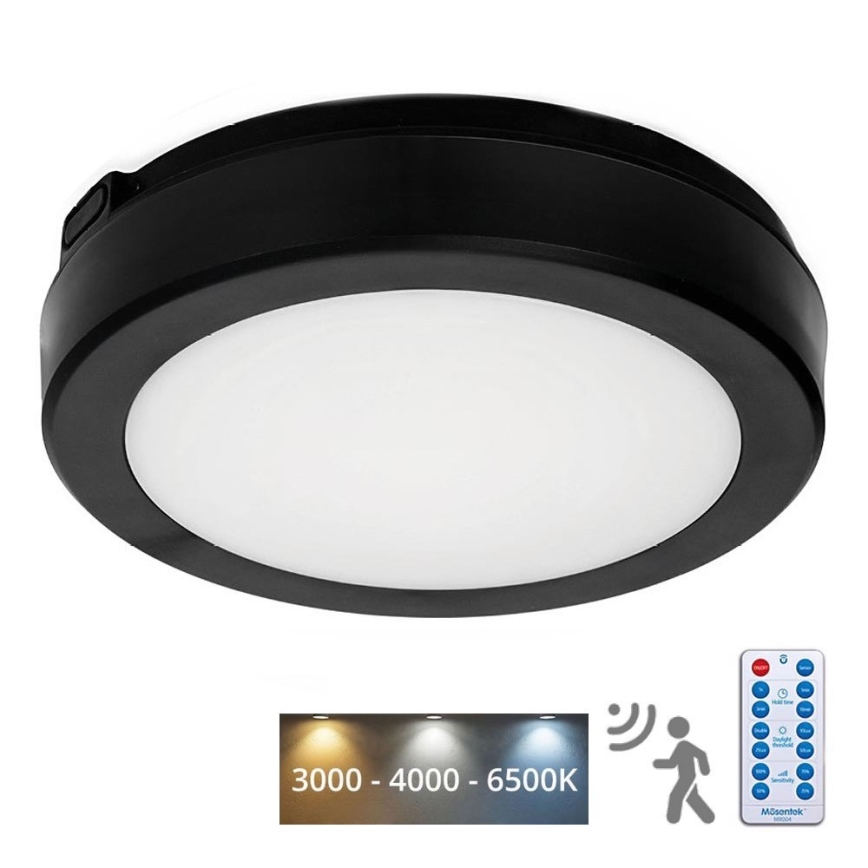 LED Kúpeľňové stropné svietidlo so senzorom NAIROS LED/12W/230V IP65 3000/4000/6500K pr. 20 cm čierna + diaľkové ovládanie