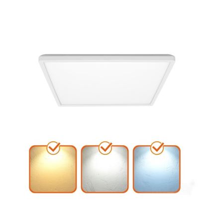 Stropné LED svietidlo je zobrazené zhora. Svietidlo je štvorcového tvaru s bielym rámom. Pod ním sú tri štvorcové vzorky s rôznou teplotou svetla: teplá biela, neutrálna biela a studená biela.