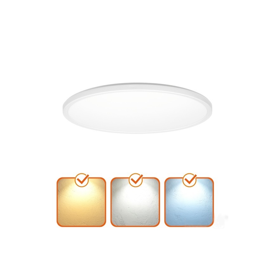 Okrúhle stropné LED svietidlo svieti. Pod ním sú tri štvorcové ukážky farieb svetla: teplá biela, neutrálna biela a studená biela.
