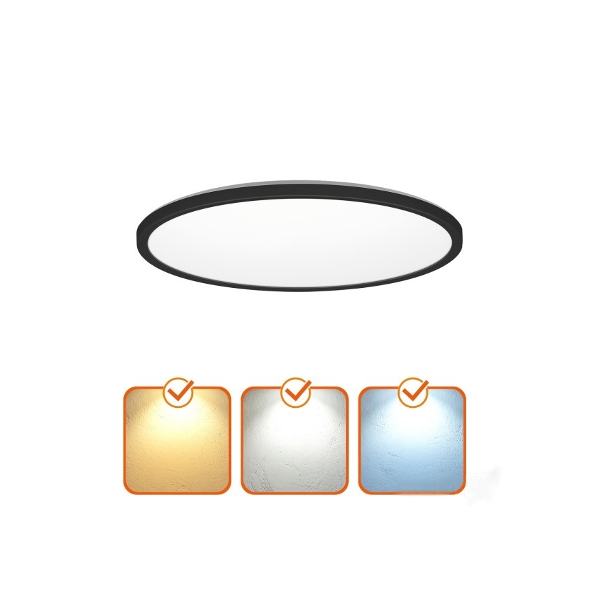 Okrúhle stropné svietidlo s čiernym rámom je umiestnené na bielom pozadí. Pod ním sú tri štvorcové vzorky zobrazujúce tri rôzne farebné teploty svetla: teplá biela, neutrálna biela a studená biela.