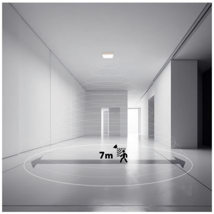 Svietidlo na strope detekuje pohyb v priestore. Detekuje pohyb v kruhovom priestore s priemerom 7 metrov. Svietidlo je umiestnené v dlhej, úzkej, svetlej miestnosti s bielymi stenami a dverami na oboch stranách.