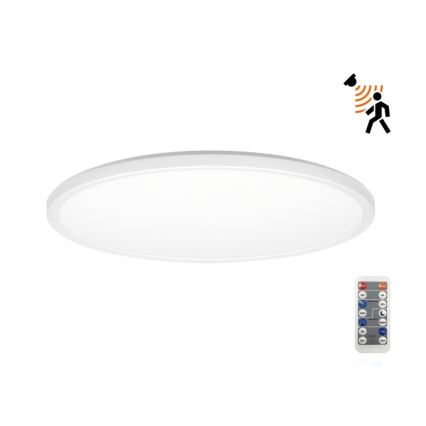 Okrúhle stropné LED svietidlo s detektorom pohybu a diaľkovým ovládaním. Svietidlo osvetľuje priestor. Súčasťou je diaľkový ovládač s tlačidlami pre nastavenie jasu a režimov.