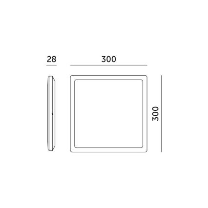 Náčrt štvorcového stropného svietidla s rozmermi 300 x 300 x 28 mm. Svietidlo je znázornené zhora a zboku.