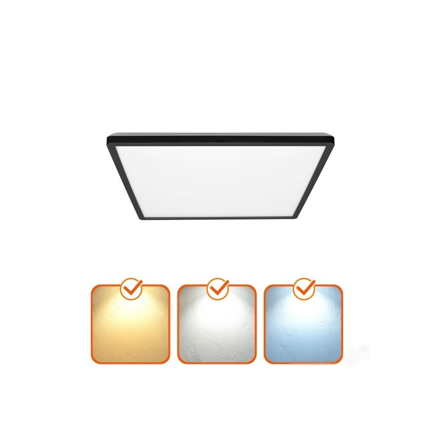 Stropné LED svetlo s čiernym rámom svieti. Pod ním sú tri štvorce znázorňujúce tri farebné teploty svetla: teplá biela, neutrálna biela a studená biela.