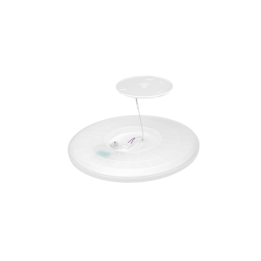 Biela kruhová LED lampa je rozobratá. Horný kryt je oddelený od spodnej časti, viditeľné sú vnútorné drôty a elektrické komponenty. Lampa je zobrazená na bielom pozadí.