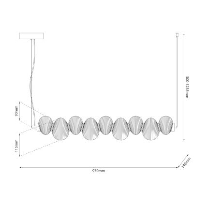 Technický výkres závesného svietidla. Svietidlo je tvorené radom prepojených guľovitých prvkov. Rozmery: dĺžka 970 mm, výška 300-1235 mm, šírka 140 mm, výška uchytenia 90 mm a 115 mm.