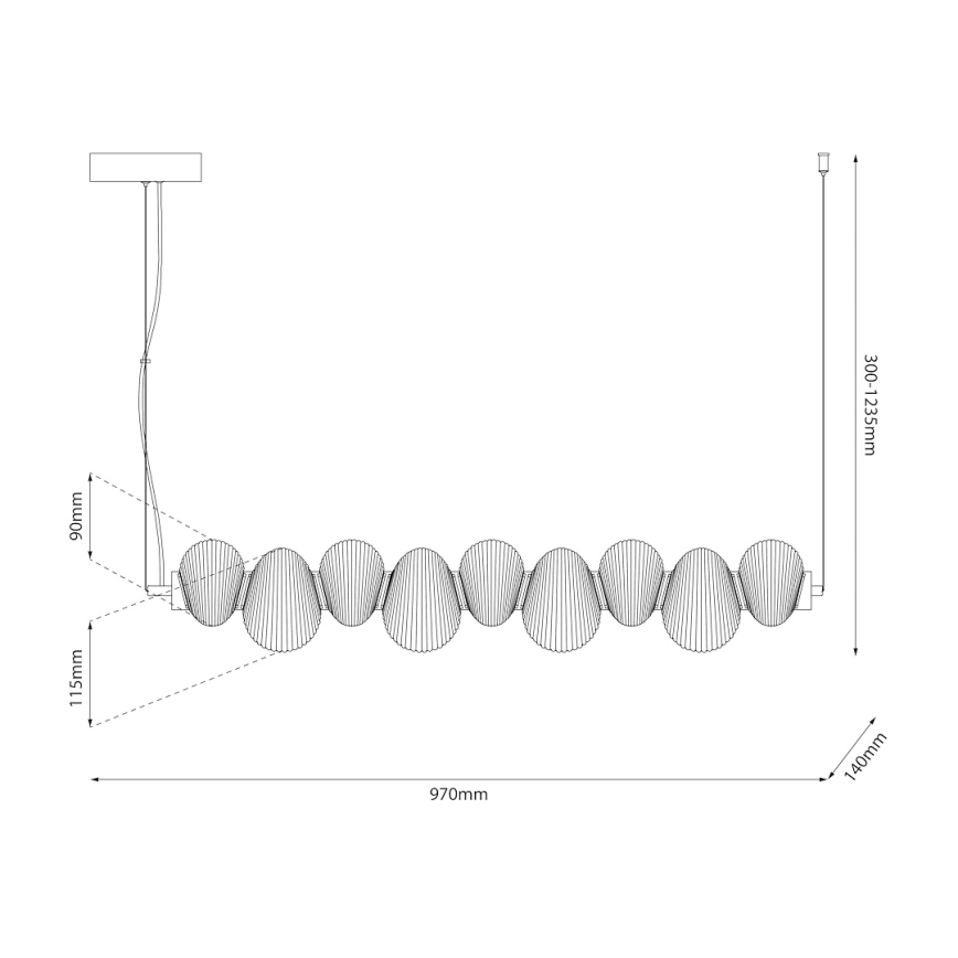 Technický výkres závesného svietidla. Svietidlo je tvorené radom prepojených guľovitých prvkov. Rozmery: dĺžka 970 mm, výška 300-1235 mm, šírka 140 mm, výška uchytenia 90 mm a 115 mm.