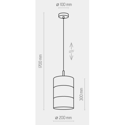 Závesné svietidlo s valcovým tienidlom, rozmermi 200 mm x 300 mm, visí na 1700 mm dlhom kábli z kruhového stropného úchytu s priemerom 100 mm. Výška svietidla je nastaviteľná.