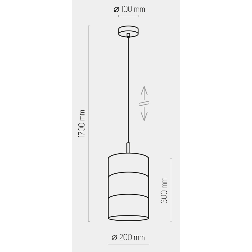 Závesné svietidlo s valcovým tienidlom, rozmermi 200 mm x 300 mm, visí na 1700 mm dlhom kábli z kruhového stropného úchytu s priemerom 100 mm. Výška svietidla je nastaviteľná.