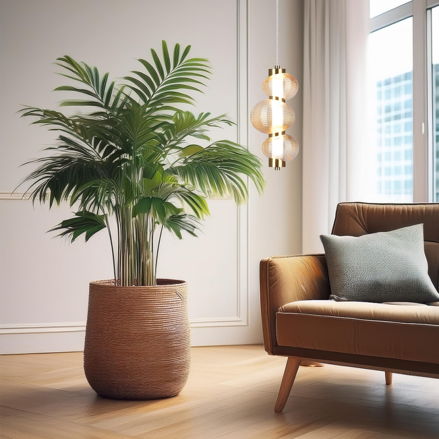Palma v hnedom kvetináči stojí v svetlej miestnosti s hnedou sedačkou a modernou závesnou lampou. Drevená podlaha dopĺňa interiér.