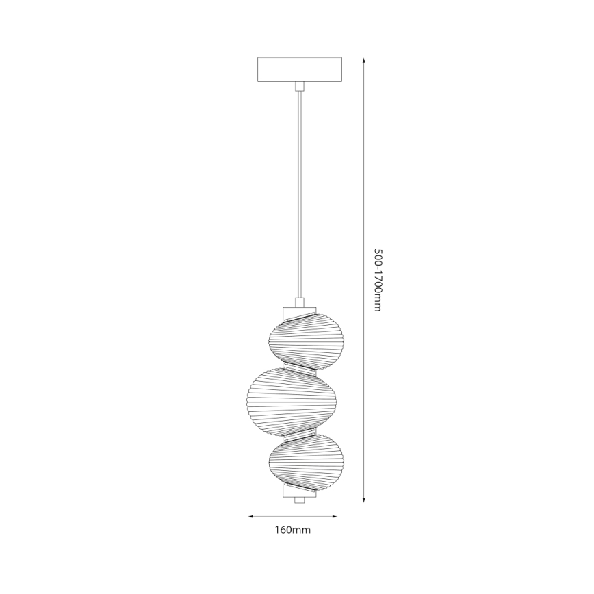 Závesné svietidlo s tromi prekrývajúcimi sa guľovými tienidlami visí zo stropu na dlhom kábli. Tienidlá majú vlnitý povrch. Rozmery: 160 mm (šírka), 500-1700 mm (výška).