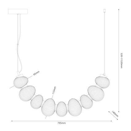 Závesné svietidlo s viacerými oválnymi tienidlami usporiadanými v oblúku visí zo stropu. Tienidlá sú spojené a majú ryhovaný povrch. Celková šírka svietidla je 795 mm, výška 520-1150 mm.