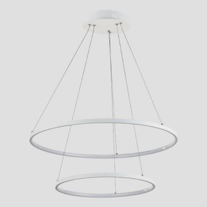 Dvojité kruhové svietidlo visí zo stropu na tenkých kábloch. Svietidlo je biele, zložené z dvoch prekrývajúcich sa kruhov. Celok je zavesený z bieleho stropného držiaka.