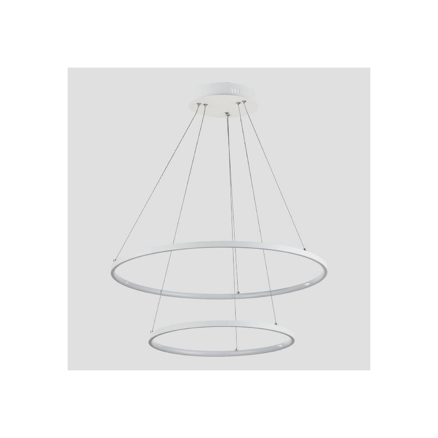 Dvojité kruhové svietidlo visí zo stropu na tenkých kábloch. Svietidlo je biele, zložené z dvoch prekrývajúcich sa kruhov. Celok je zavesený z bieleho stropného držiaka.