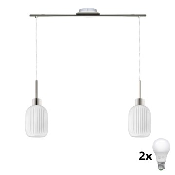 LED Lustr na lanku HARMA 2xE27/60W/230V matný chrom/bílá