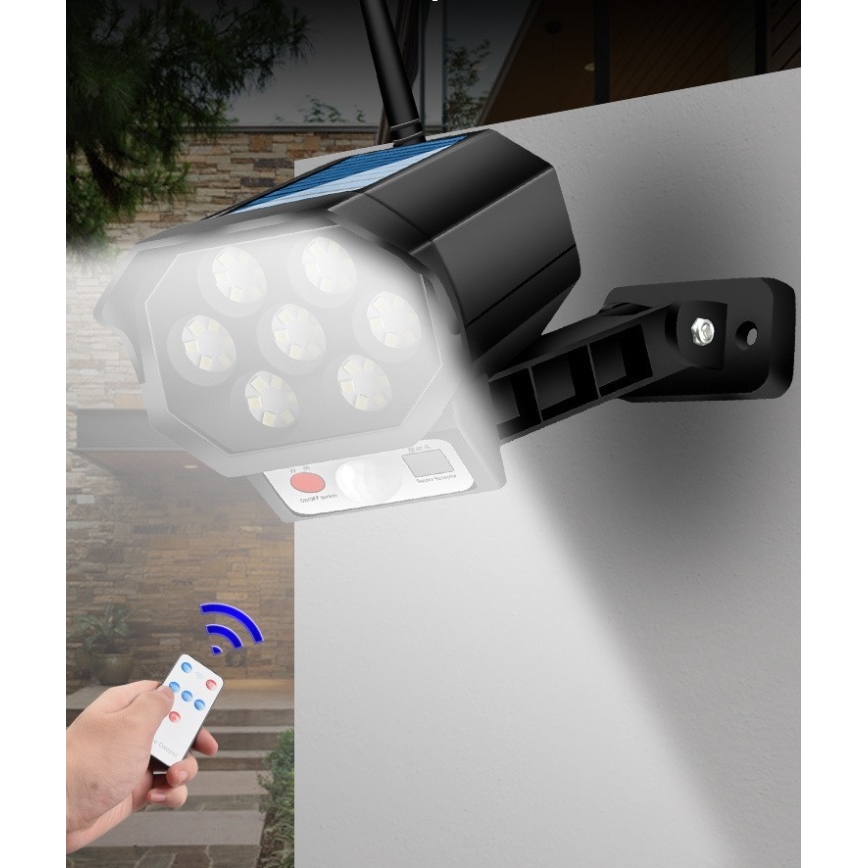 LED Maketa bezpečnostnej kamery so senzorom a so solárnym panelom LED/5W/5,5V 800 mAh IP65 + diaľkové ovládanie