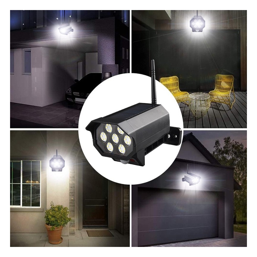 LED Maketa bezpečnostnej kamery so senzorom a so solárnym panelom LED/5W/5,5V 800 mAh IP65 + diaľkové ovládanie