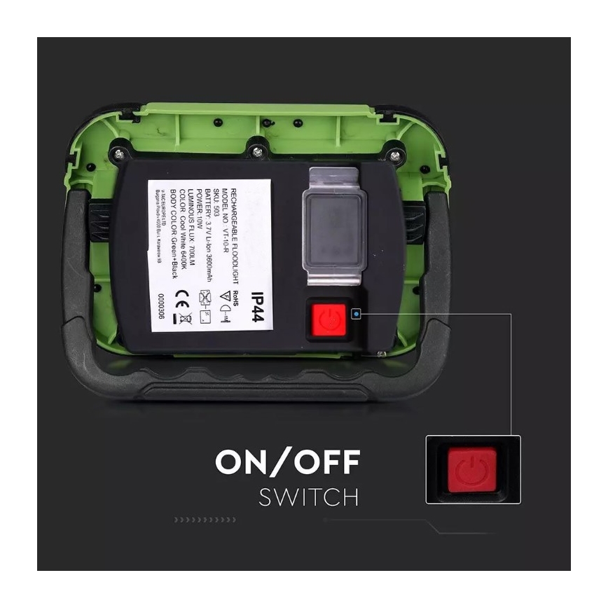 LED Nabíjací reflektor SAMSUNG CHIP LED/10W/3,7V IP44 4000K 3600 mAh zelená