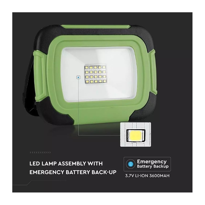 LED Nabíjací reflektor SAMSUNG CHIP LED/10W/3,7V IP44 6400K 3600 mAh zelená