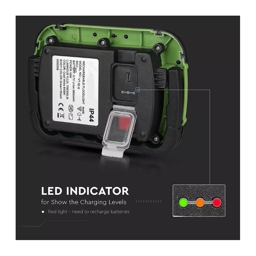 LED Nabíjací reflektor SAMSUNG CHIP LED/10W/3,7V IP44 6400K 3600 mAh zelená