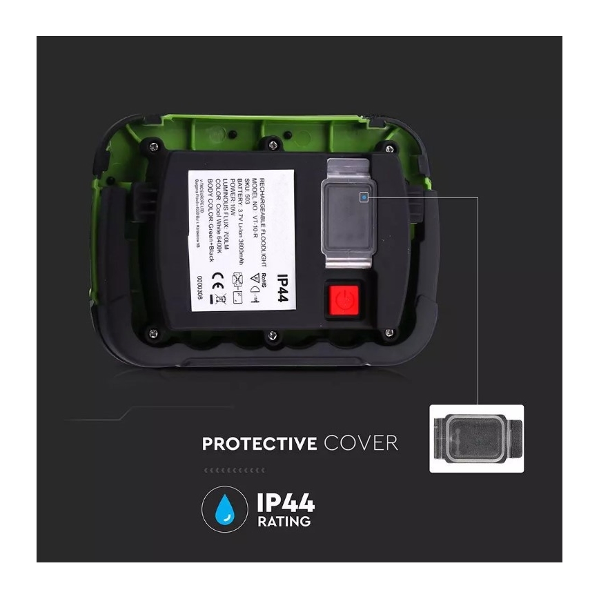 LED Nabíjací reflektor SAMSUNG CHIP LED/10W/3,7V IP44 6400K 3600 mAh zelená