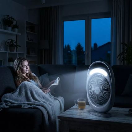 LED Nabíjací stolný ventilátor s LED osvetlením LED/2,8W/5V USB 2400 mAh sivý