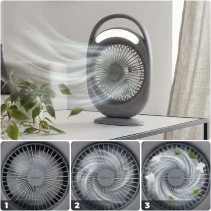 LED Nabíjací stolný ventilátor s LED osvetlením LED/2,8W/5V USB 2400 mAh sivý