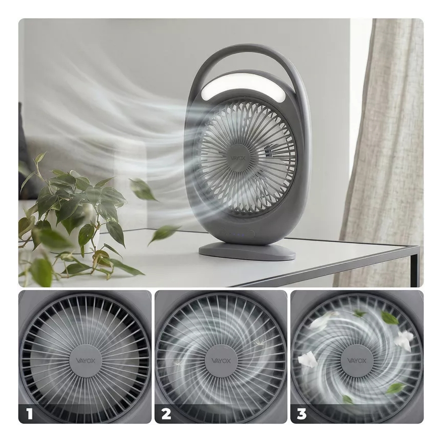 LED Nabíjací stolný ventilátor s LED osvetlením LED/2,8W/5V USB 2400 mAh sivý