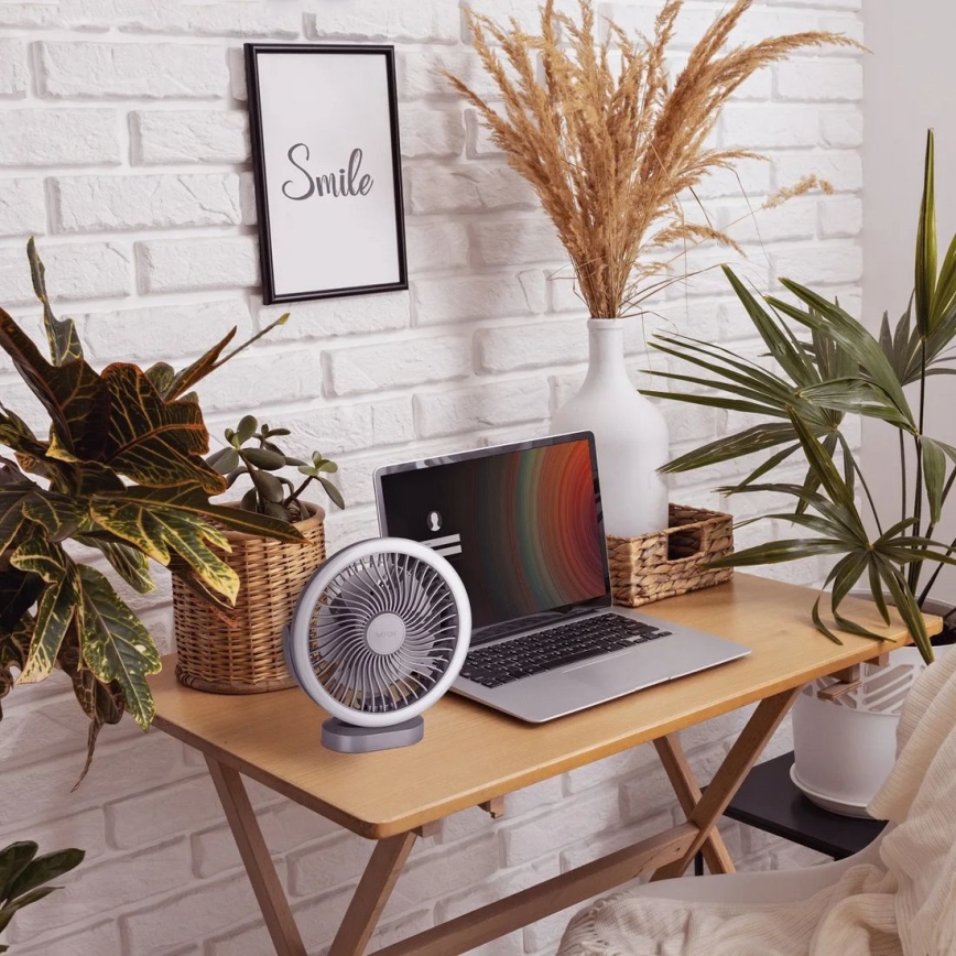 LED Nabíjací stolný ventilátor s LED osvetlením LED/3W/5V USB 2400 mAh sivá